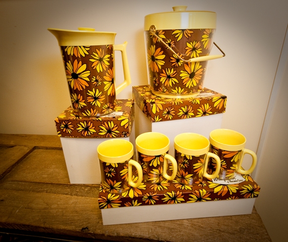 Mid Century Modern Pitcher and Glass Set with a Beautiful Yellow Floral Melmac Pitcher and Glass set