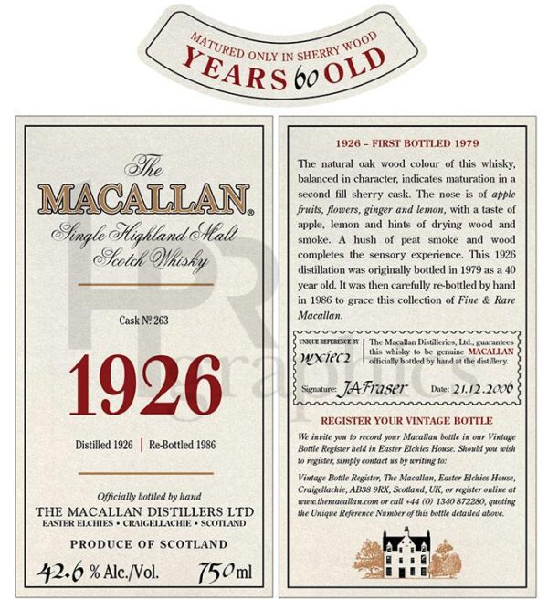 Liquor - Macallan Scotch - 1926 (re-bottled 1986)